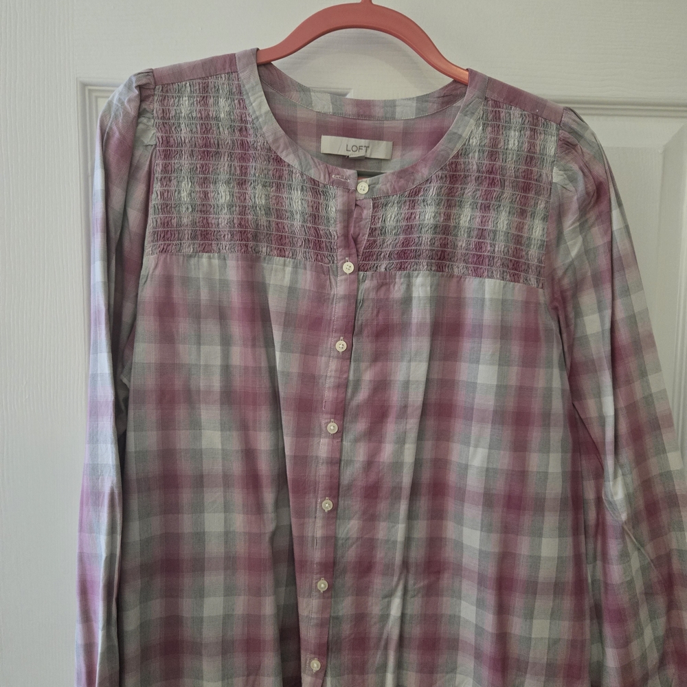 Loft Pink Plaid Button-Up Blouse